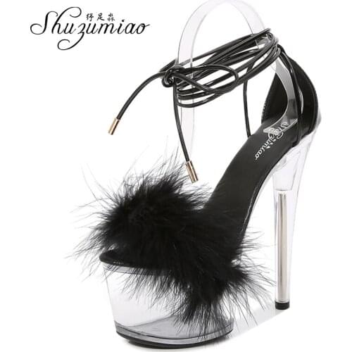 Shuzumiao Womens Sandals Sexy Girls Club Fashion Ankle Cross Strap Fur High Heels Clear Waterproof Platform Female Stripper Hee
