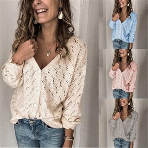 Women Cashmere Cardigan Knitted Sweater Hollow Out Long Sleeve V-Neck Casual Streetwear Fashion Pull Femme Coat Solid Female Top