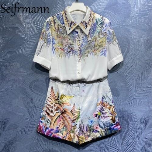 Seifrmann New 2021 Summer Women Fashion Runway Shorts Set Lantern Sleeve Loose Blouses + High Waist Print Elegant Shorts Suits