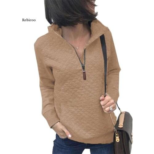 Women 1/4 Zipper Up Sweatshirt Long Sleeve Stand Collar Solid Color Pullover Top Loose Plain Quilted Pattern Streetwear