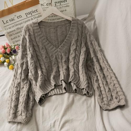 2021 autumn and winter fashion new pullover sweater women loose v-neck long sleeve all-match solid color knit short top