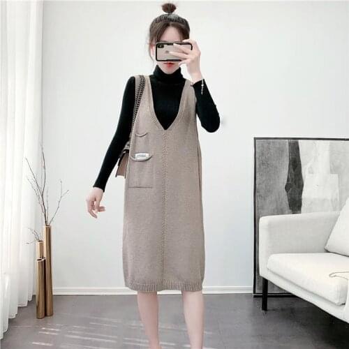 2021 Autumn Winter New Korean Loose Solid Color Sweater V-Neck Sleeveless Long Sweater Knitted Waistcoat Vest Women Y675