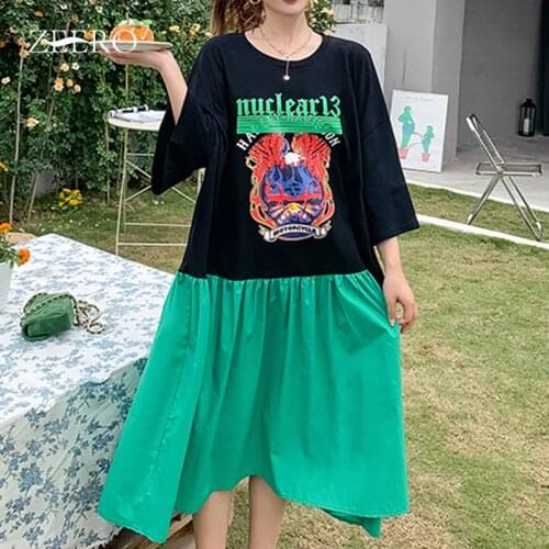 Female Korean Casual Cartoons Print Splicing Color Loose Dresses for Women Summer Raglan Half Sleeve Midi Dress Vestido De Mujer