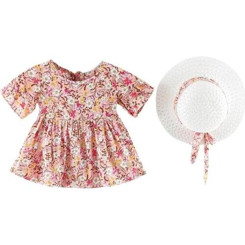 Baby Girls Dresses With Hat 2pcs Clothes Sets Kids Clothes Baby Sleeveless Birthday Party Princess Dress Print Floral Clothes