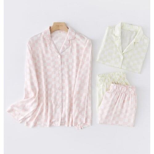 2021 Soft and Comfortable Pijama 100% Viscose Womens Pajamas Plaid Long-sleeved Trousers Satin Breathable Two-piece Pajama Sets