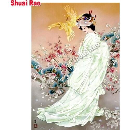 3d Japanese Geisha woman cross stitch diamond mosaic set diamond painting full square round diamond embroidery white kimono