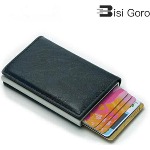BISI GORO 2021 Wallet Card Holder Hasp RFID Wallet Aluminum Unisex Metal High Quality Mini Crazy Horse PU Leather Card Wallet