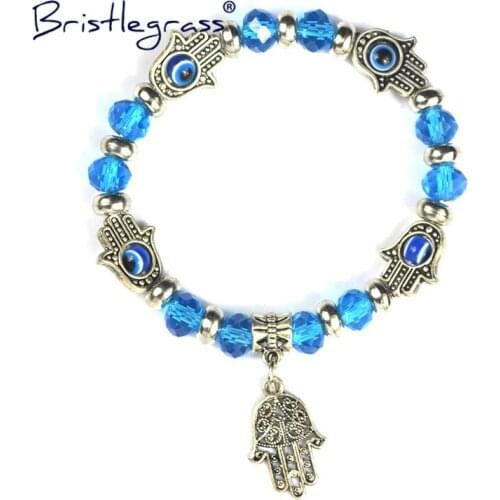BRISTLEGRASS Turkish Evil Eye Hamsa Hand Glass Beaded Strand Bracelets Amulet Lucky Charm Blessing Protection Gift for Men Women