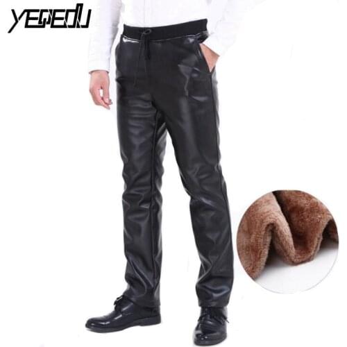#2205 Fleece Leather Pants Men Plus Size Elastic High Waist Thick Warm Winter Straight Mens Faux Leather Pants S-5XL