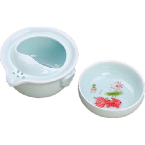 Ceramic Portable Tea Set Golden fish Travel 1 Pot 1 Cup Tea Tureen Porcelain Gaiwan Porcelain pottery