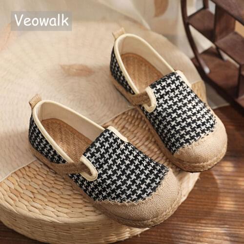 Veowalk Houndstooth Embroidery Women Handmade Linen Cotton Slip On Loafers Ladies Casual Comfortable Sneakers Flat Hemp Shoes