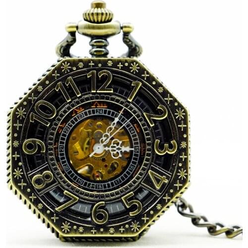 Retro Bronze Hollow Setampunk Mechanical Pocket Watches Vintage Skeleton Roman Dial Mens Pocket Watch FOB PJX1128