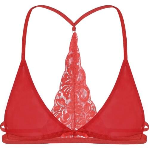 Men Sissy Lingerie Bras Mesh See Through Sheer Lace Y-shape Back Wirefree Unlined Triangle Bralette Bra Top Gay Underwear Tanks