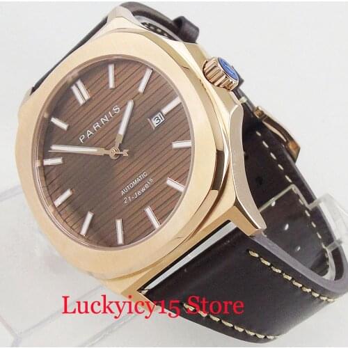 PARNIS Brand Luxury Mechancial Men Wristwatch Sapphire Glass Square Rose Gold Case MIYOTA Movement Leather Watch Band
