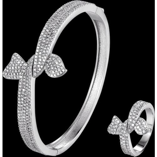 Zlxgirl copper bangle sets Classic Bow Shape Bangle &Ring Jewelry cubic Zircon Love Bangle Anel Men copper Anniversary Jewelry