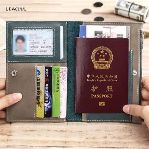 LEACOOL Travel Passport Covers Women Men Vintage Busines Holder Multi Function ID Bank Card Genuine Leather Wallet organizer