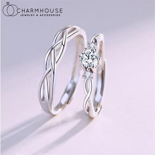 S925 Pure Silver Rings For Couple Cubic Zircon Stone Engagement Ring Adjustable Wedding Band Valentines Day Gifts Jewelry