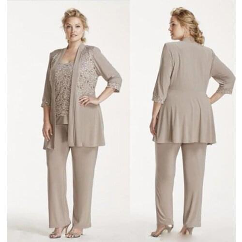 2020 Mother Of Bride/Groom Dress Pant Suits With Wrap Mocha Tunic Lace 3 Pieces Plus Size Wedding Party Guest Dress Formal Gowns