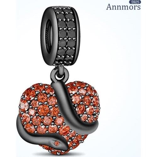 Snake Charms with Heart 925 Sterling Silver Red Full Zircon Horror Pendant Fit Pandora Original Bracelet Necklace Halloween Gift