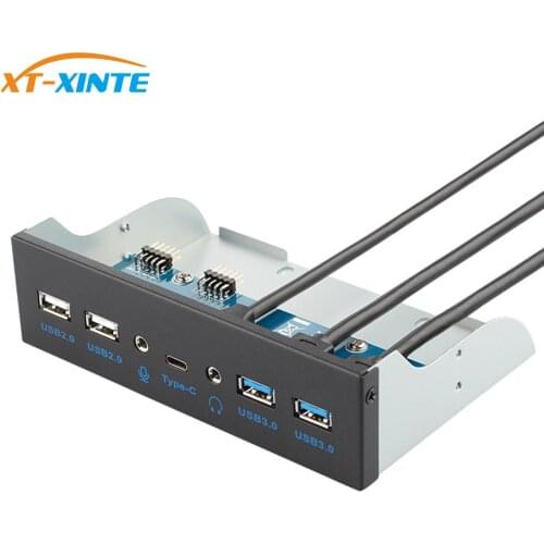 XT-XINTE USB2.0 USB 3.0 TYPE-C Hub Spilitter USB3.0 Front Panel 3.5mm HD Audio MIC Connector for Desktop 5.25" Optical Drive Bay