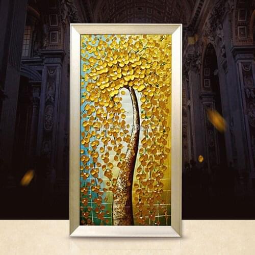 Hand Painted thick Knife oil painting gold golden flowers tree picture Modern Canvas Wall Art Floral Oil Painting for Home Decor