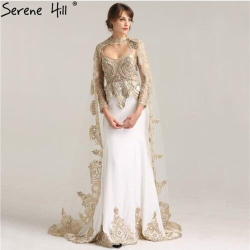Sexy Gold Appliques Arabic Mermaid Evening Dresses with Shawl 2020 New Design Beaded Party Gown Dubai Robe De Soiree BLA6271