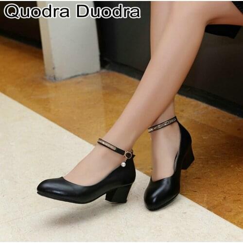 New shoes Womens Pumps thick high heels shoes Woman Chunky Pointed shoe Females Big Size 33-43 buckle Spring red solid Party