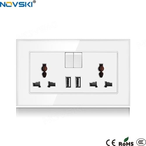 NOVSKI Universal 5 Hole Switched Power Socket , 2100mA Dual USB Charger Outlets,146mm*86mm, 13A UK Standard Wall Socket Grounded
