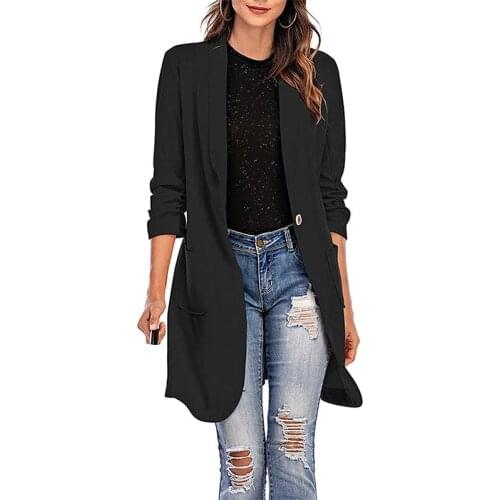 Breathable Ladies Suit Coat Autumn Girls Solid Color Three Quarter Sleeve Lapel Jacket Single Button Pocket Outwear Streetwear