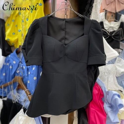 High Street Women Solid Color Square Collar Lace-up Bow Shirt Back Hollow-out Short Puff Sleeve Irregular Hem Blouse