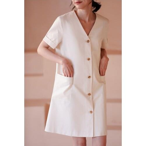 21 summer new slim coat commuter V-neck straight tube cardigan solid color short sleeve dress 0625-5