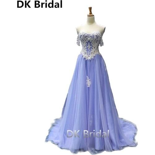 Sweetheart Blue Long Evening Dress Appliques Beaded Vintage Prom Gowns Vestido De Festa Off The Shoulder Cheap Evening Gown