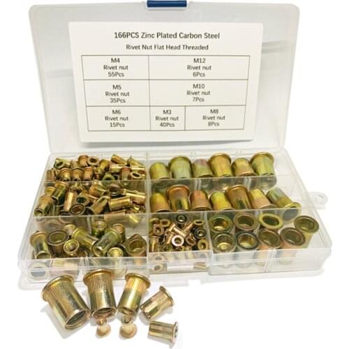 166pcs/box M3 M4 M5 M6 M8 M10 M12 Carbon Steel Rivet Nuts Insert Rivets Multi Size Flat Head Rivet Nuts Set Threaded Insert Nut