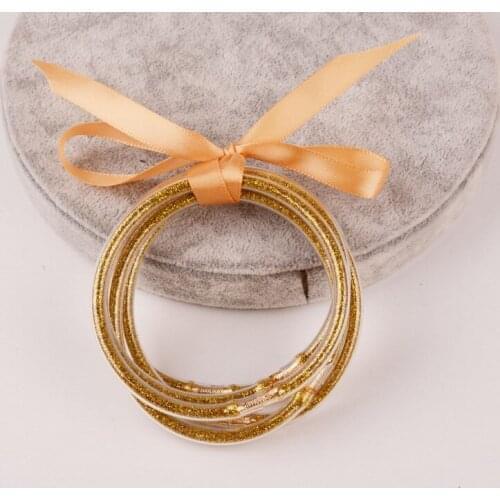 Rainbery 5 PCS/Set Bowknot Glitter and Beaded Bangles Set 2021 All Weather Stack Silicone Plastic Glitter Jelly Bangles