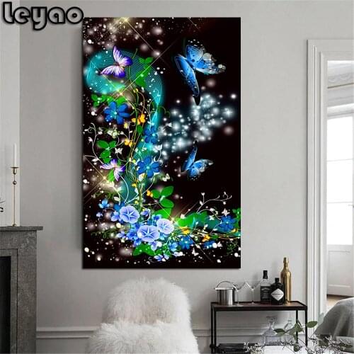 5D DIY Diamond Painting Dream Abstract shiny butterfly Blue Flowers cross stitch mosaic square round diamond embroidery kits