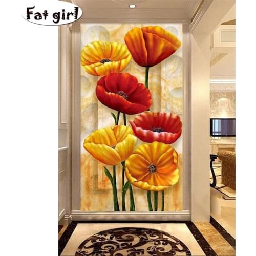 Red yellow Poppy flowers Full Square Round Diamond Diamond Painting Embroidery Cross Stitch Rhinestone Mosaic Painting Decor