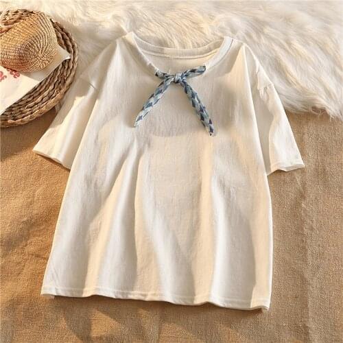 White Bow Neck Women T-Shirts Summer New 2021 Short-Sleeved Loose Casual All Match Female Pulls Outwear Tops Tees