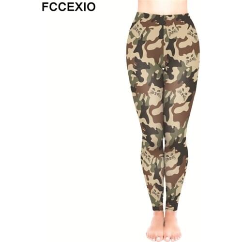 FCCEXIO 2019 New Workout Pants Fashion Fitness Leggings Cat Camo Classic 3D Print Leggins Women Gothic Leggings Slim Trousers