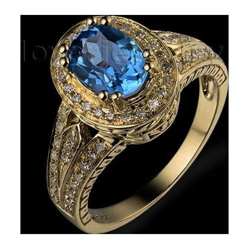 LOVERJEWELRY Natural Diamond Blue Topaz Rings Engagement Rings In Solid 14Kt Yellow Gold Oval 6x8mm SR0079