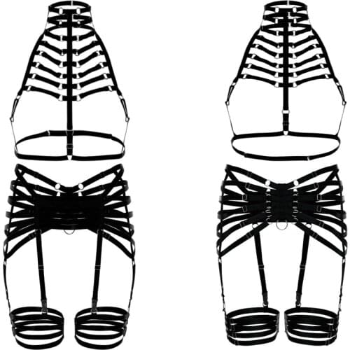 Black Neck Body Harness Lingerie Belt Set Bondage Leg Garter Belt Adjust Sexy Goth Fetish Pole dance Rave Wear Cage Harness Bra