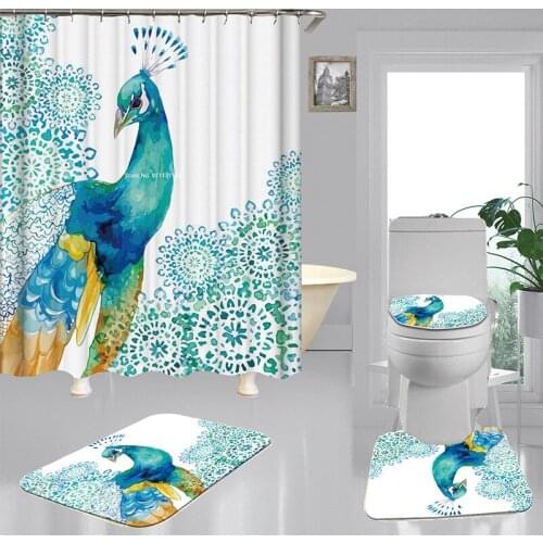 Beautiful Peacock Flamingo 3D Digital Printing Polyester Waterproof Shower Curtain Toilet Mat Toilet Mat 4-piece Set