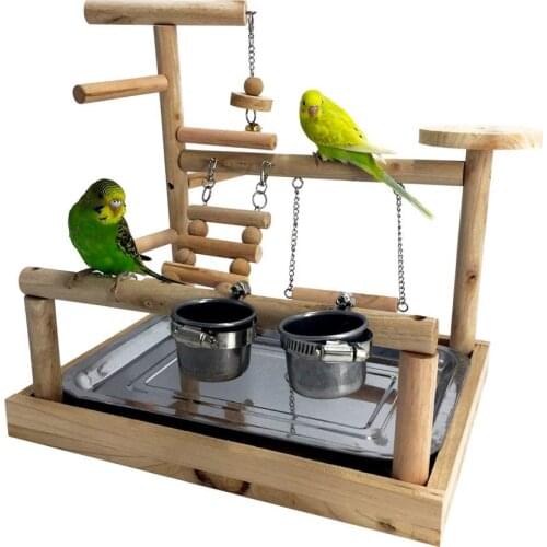Parrots Playstand Bird Playground Wood Perch Gym Stand Playpen Bird Ladders Exercise Playgym with Feeder Cups Exercise Toy