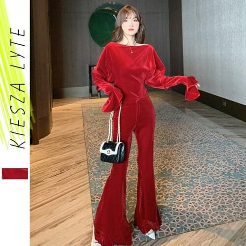 Fashion Two -Pieces Suit Sets Women Flared Sleeve Crop Top Wide Leg Trousers Pants Bodycon Fitness Velvet Tracksuits Set Casual