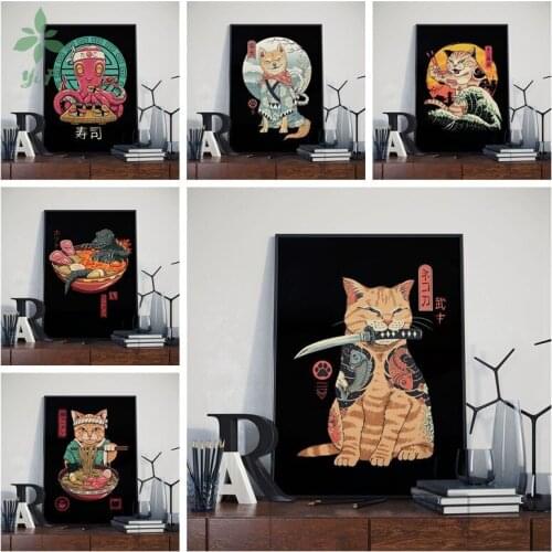 Cartoon Canvas Oil Painting Japanese Samurai Cat Ramen Nostalgic Household Wall Decoration