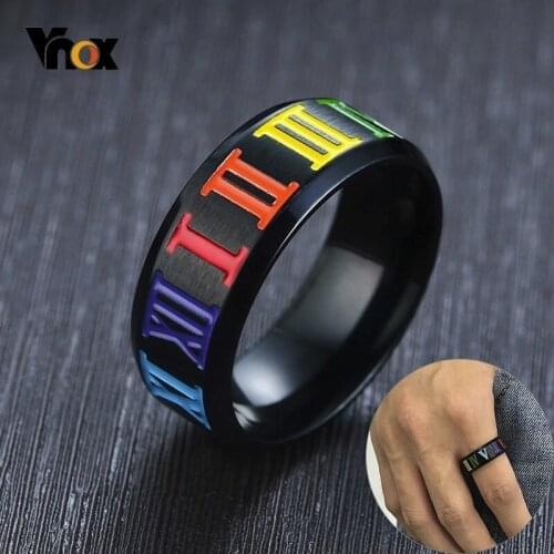 Vnox 8mm Black Ring for Men with Rainbow Roman Numeral Numbers Stainless Steel Wedding Band LGBT Gay Alliance