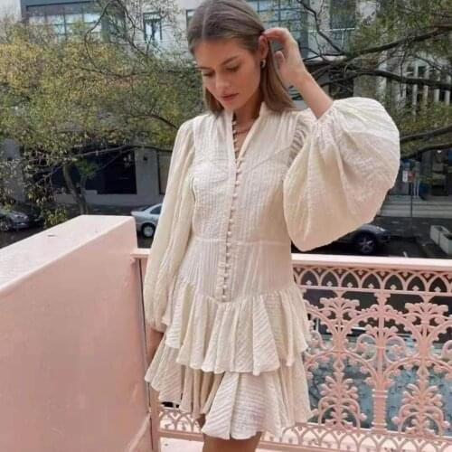 2021 Autumn Women Long Sleeve Ruffled Solid Dress for Women A-line Mini Dress