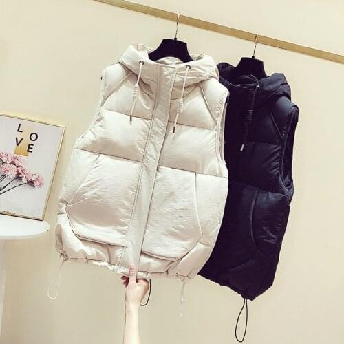 Autumn Winter Womens Solid Loose Vest Drawstring Turn Down Collar Long Vest Jacket Cotton Hooded Womens Windproof Warm Y88