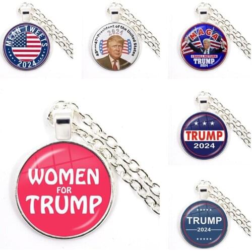 Women For Trump 2024 American Election Glass Cabochon Necklace 3D Print Silver Color Pendant Necklace Jewelry For Women Men