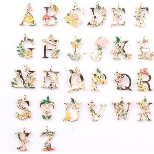 10pcs/lot 13*18mm Gold Color Flower Letters Charms Alphabet Initial Bracelet Words Tag Pendant Floating Jewelry Making A-Z YZ452
