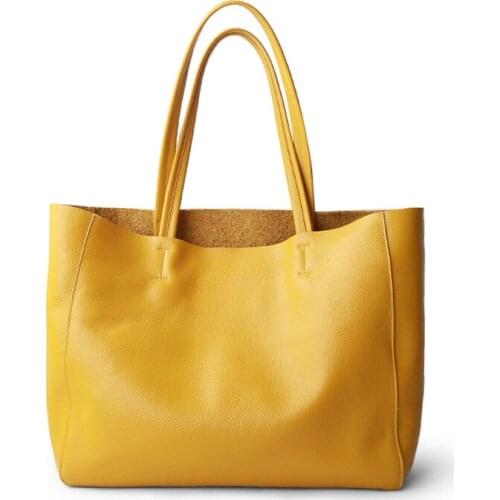 Luxury Handbags Women Bags Designer Lady Cowhide Genuine Leather Shopping Bag Casual Tote Female Lemon Yellow Shoulder Bag